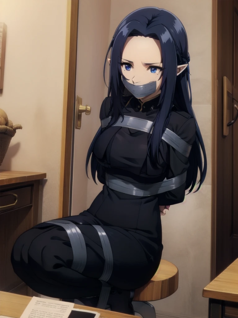 dark blue hair,,long hair,blue eyes)),pointy ears,elf,Tape Gag
Tape Bondage,arms behind back