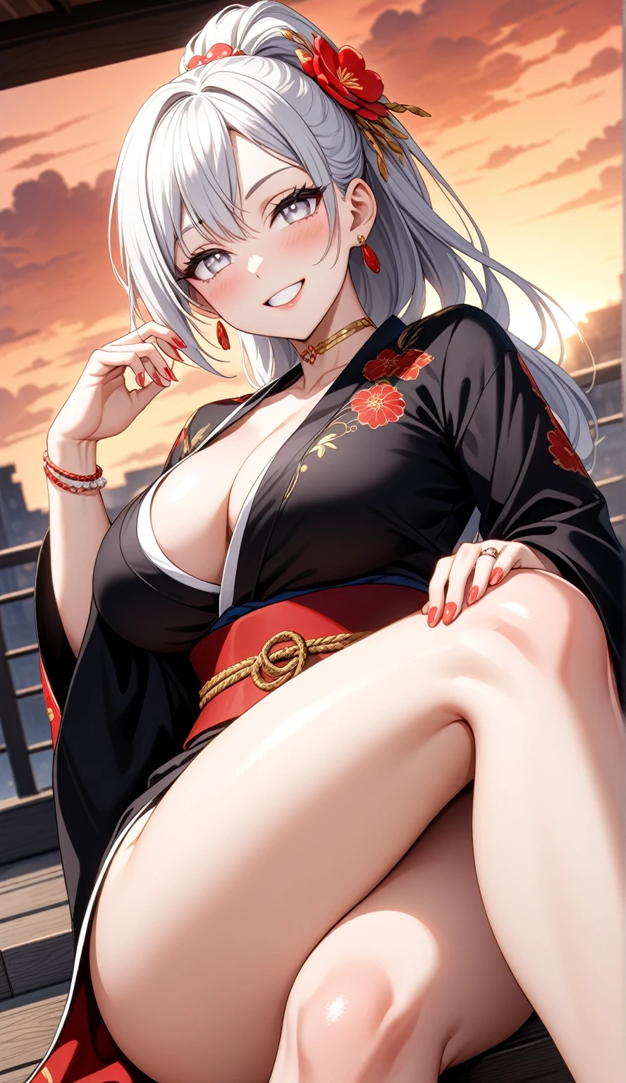 ((One personの女性)), Beautiful Face, (Laughing embarrassedly), (naughty face:1.1),((Wink:1.7)), (head tilt:1.3), teeth,Laugh with your mouth wide open,((Bright red cheeks:1.4)), Glossy red lips, ((crossed legs:1.4)), (????? shot), (Shining Face), Touching hair with hands,looking at viewer, Rooftop terrace, firework,Lighting on the face, ((Anime style background)),masterpiece, Highest quality, so beautiful,up to date, Complex details, (Pink long nails),(ring),(bracelet),(Floral choker),AI-generated, Complex,High resolution, Highest quality, super high quality,3D Images、3D Images,One person,Long white hair,High Ponytail, Anime woman posing for a photo,(blue eyes), ((Fine grain、Silvery white eyes、Shining Eyes:1.4)), (Squint your eyes:1.1),a hyperRealistic , hyperRealistic , Realistic,Anime woman with long white hair, Smooth anime CG art, A woman in a colorful kimono with gold embroidery, (Black long sleeve kimono),Red floral pattern,Long flower hair ornament,Earrings,Mature Body,(???????????:1.1),Tall,Abdominal muscles,Tight waist,(Zoom in on face:1.2), (dutch angle),
