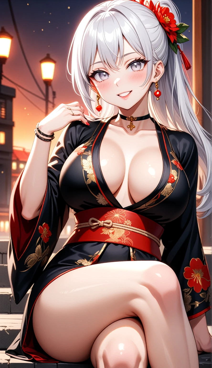 ((One personの女性)), Beautiful Face, (Laughing embarrassedly), (naughty face:1.1),((Wink:1.7)), (head tilt:1.3), teeth,Laugh with your mouth wide open,((Bright red cheeks:1.4)), Glossy red lips, ((crossed legs:1.4)), (panty shot), (Shining Face), Touching hair with hands,looking at viewer, Rooftop terrace, firework,Lighting on the face, ((Anime style background)),masterpiece, Highest quality, so beautiful,up to date, Complex details, (Pink long nails),(ring),(bracelet),(Floral choker),AI-generated, Complex,High resolution, Highest quality, super high quality,3D Images、3D Images,One person,Long white hair,High Ponytail, Anime woman posing for a photo,(blue eyes), ((Fine grain、Silvery white eyes、Shining Eyes:1.4)), (Squint your eyes:1.1),a hyperRealistic , hyperRealistic , Realistic,Anime woman with long white hair, Smooth anime CG art, A woman in a colorful kimono with gold embroidery, (Black long sleeve kimono),Red floral pattern,Long flower hair ornament,Earrings,Mature Body,(Big Breasts:1.1),Tall,Abdominal muscles,Tight waist,(Zoom in on face:1.2), (dutch angle),