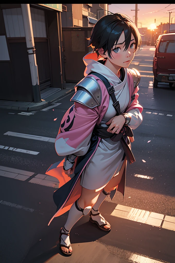 Piglet in armor and on the road, Sunset on the city street, film lighting, Shoot movies with AR 9:16 -N 6-G, Japan 3D 8K hyper detailed, realistic street view, Octane rendering. Author: Makoto Shinkai, realistic afternoon lighting, Akihiko Yoshida. unreal engine, anime style. 8K