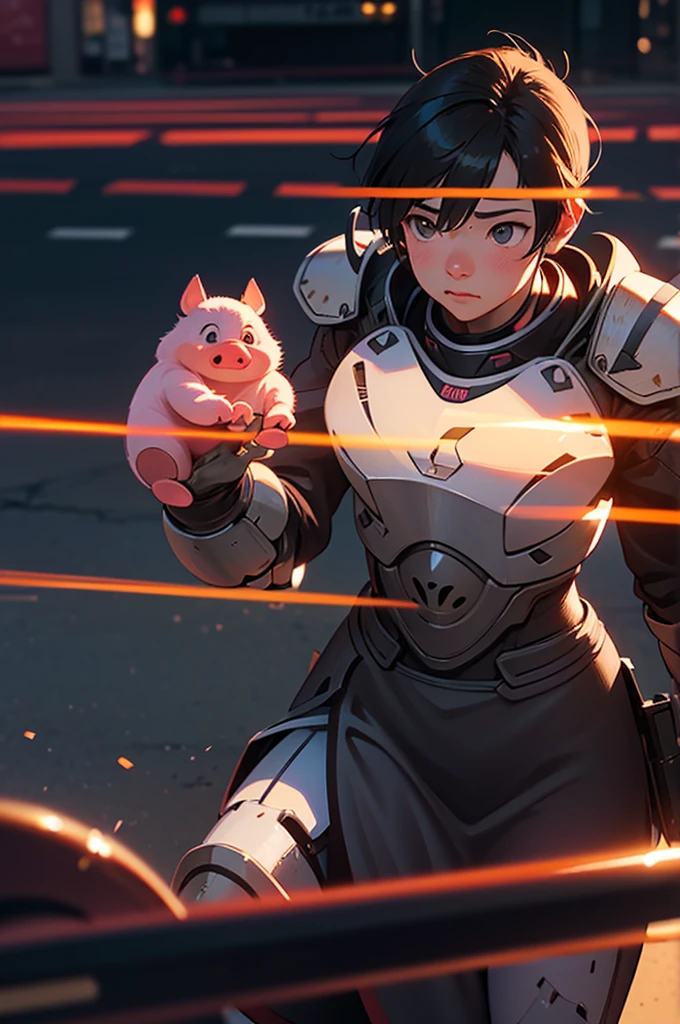 Piglet in armor and on the road, Sunset on the city street, film lighting, Shoot movies with AR 9:16 -N 6-G, Japan 3D 8K hyper detailed, realistic street view, Octane rendering. Author: Makoto Shinkai, realistic afternoon lighting, Akihiko Yoshida. unreal engine, anime style. 8K