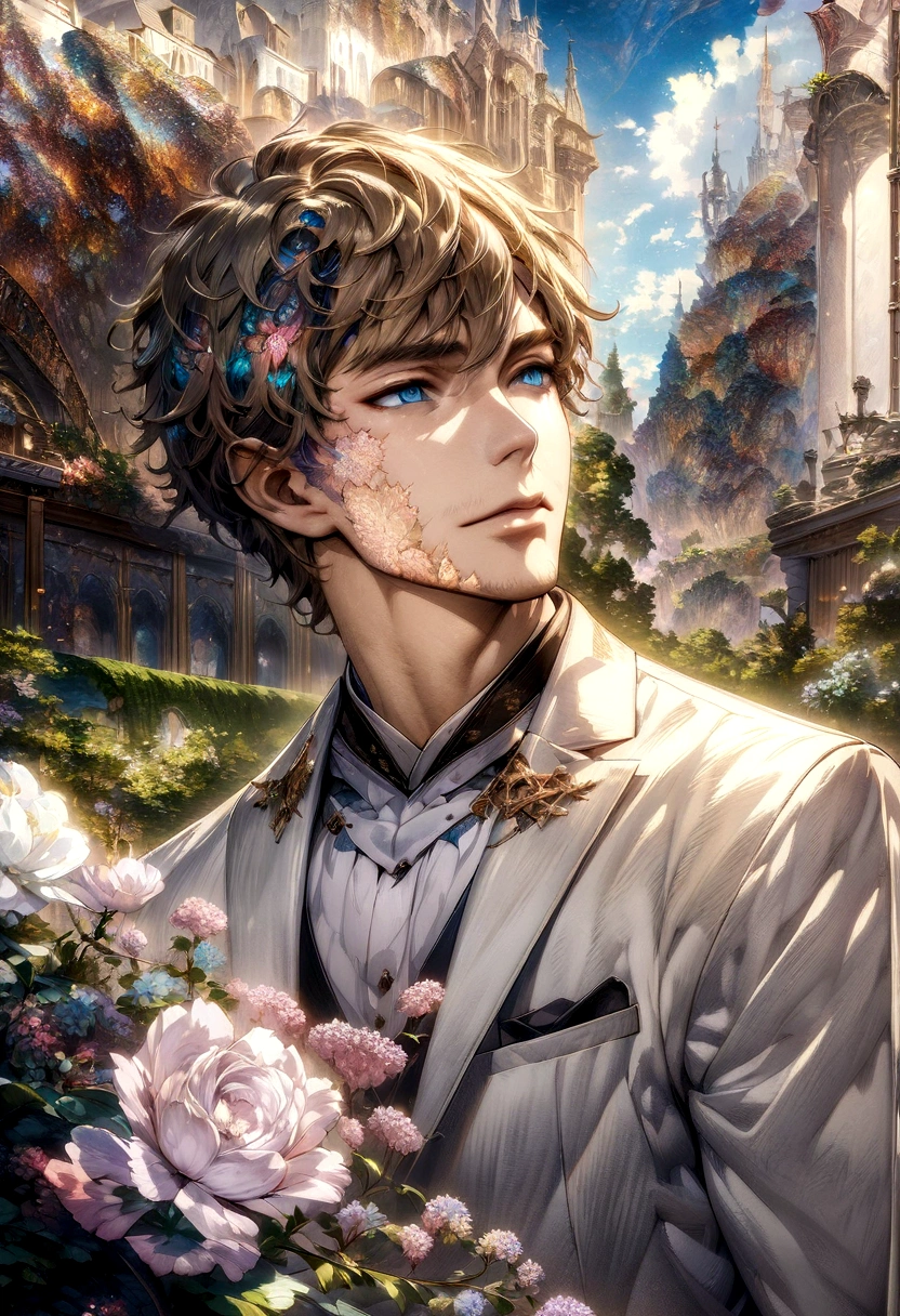 (masterpiece, top quality, best quality, official art, beautiful and aesthetic:1.2), boy, handsome, light blonde haid, blue eyes, extreme detailed faces, (fractal art:1.3), colorful, highest detailed, (perfect face), shiny skin, HDR, cantarella, extremely detailed black suit, detailed background