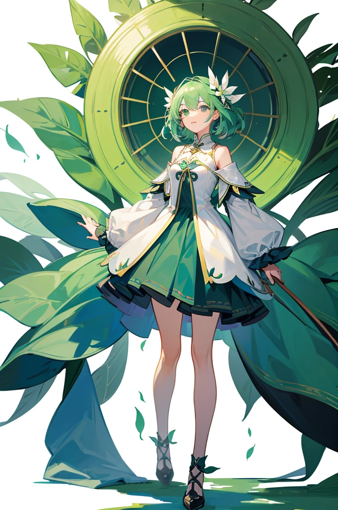 masterpiece,best quality, (white background:1.5) 1girl, far shot, full body, green circle, fairy, fantasy, magic, green leafs, dome,standing, clear face,