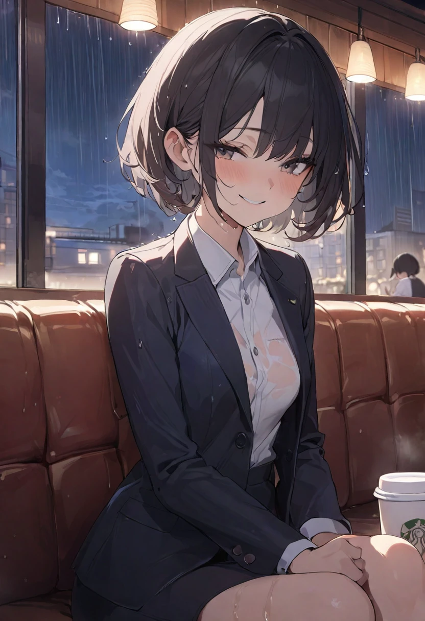 (8K, best quality, masterpiece: 1.2), (Practical, Reality: 1.37), Very detailed, 1 girl, Lovely, Solitary, Beautiful and detailed sky, Detail of cafe, night, sit, date, ( Red and swollen nose), (Smile: 1.15), (Shut up) Small Breasts, Beautiful details, (Collared shirt: 1.1), night, wet, Business Attire, rain, White lace, (short hair: 1.2), NovaFrogStyle,
