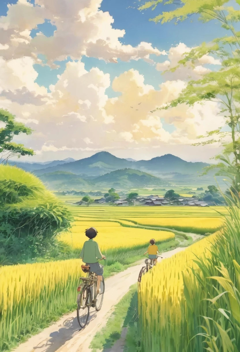 Beautiful illustrations, Endless rice fields, Half yellow、Half Green, Boy Riding a Bicycle, Girl sitting in the back seat，Style: Barnet, Includes 50d movie stills, Rural Scenery, countryside, panoramic,、Real、Paintings by Makoto Shinkai