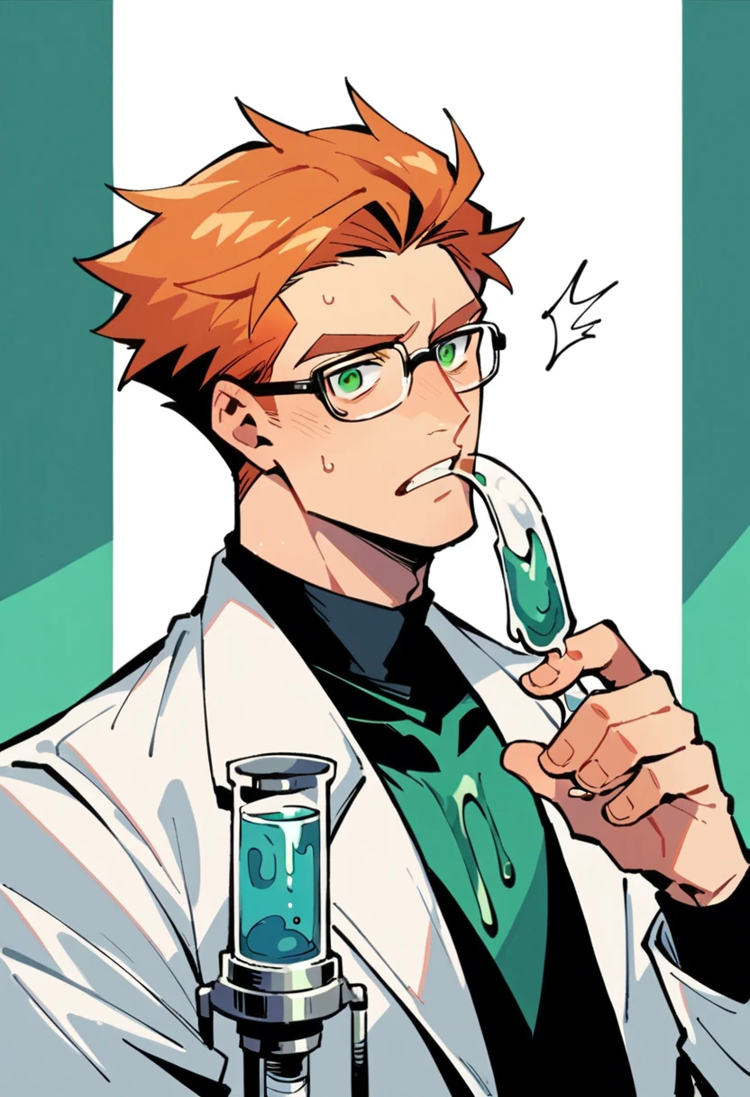 Handsome ginger haired man with green eyes wearing glasses and a lab coat, nervously pouring liquid in a beaker, science lab background