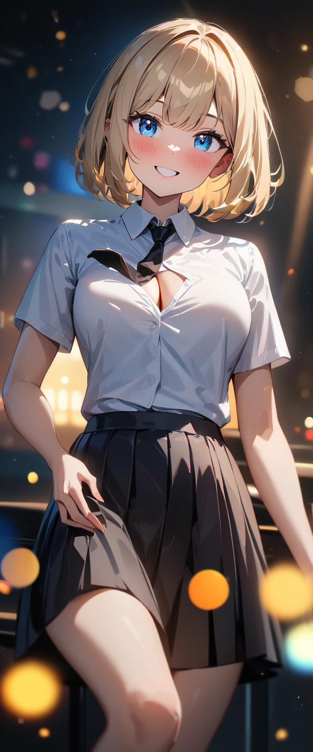 (((One girl))), blond hair, bob cut, (cowboy shot), (looking at viewer), face in focus, breasts, ager, head tilt:1.3, (((blue eye))), ((happy smile)), ((full face blush)), school summer uniform, white shirts, ((black tie)), black skirt, dynamic pose, cleavage, anime style, (best quality, 4k, 8k, highres, masterpiece:1.2, ultra-detailed, ultra-detailed eyes, HDR, UHD, studio lighting, ultra-fine painting, sharp focus, physically-based rendering, extreme detail description, professional, vivid colors, bokeh)