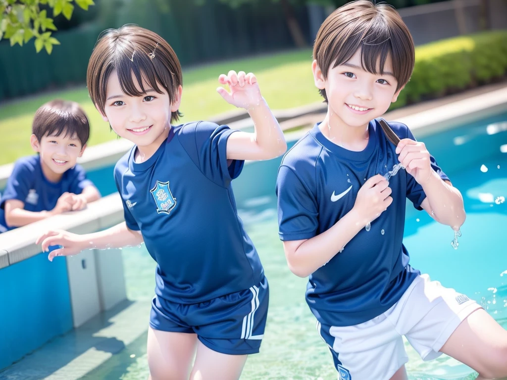 夏休みのprimary school校、Pool、primary school5Grade、Japan Boy、Glowing water splashes、A good boy dripping with water、hot day、Two Boys、Various poses、Short sleeve gym uniform、Blue shorts、physical education、barefoot,(Boy 1.4)、Boys only 、(10Age 1.4)