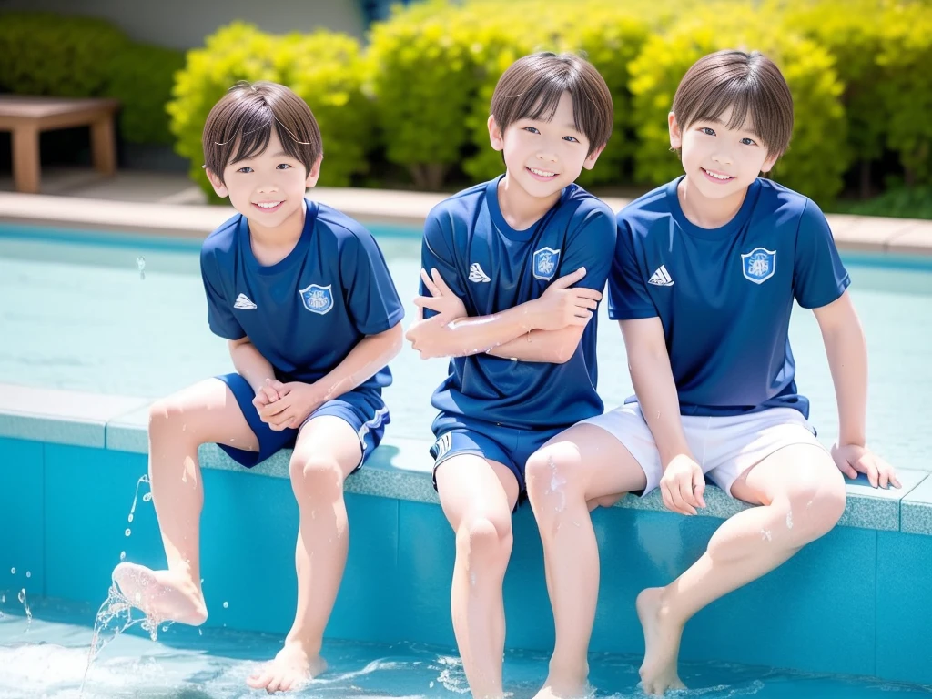 夏休みのprimary school校、Pool、primary school５Grade、Japan Boy、Glowing water splashes、A good boy dripping with water、hot day、Two Boys、Various poses、Short sleeve gym uniform、Blue shorts、physical education、barefoot，（Boy 1.4）、Boys only 、(１０Age 1.４)