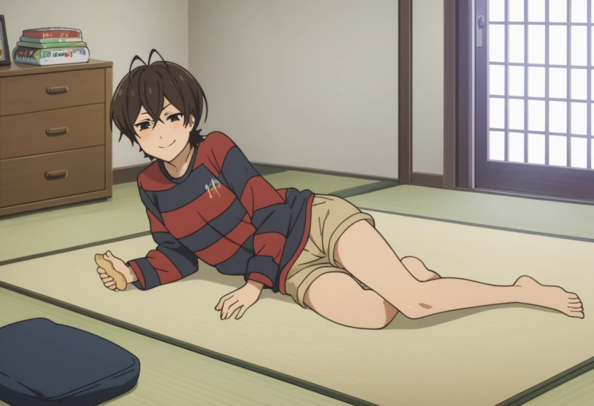 1male,ass pov,1girl,{{{{ foot on vagina}}}},indoor,Lying on your back,Close ~ eyes,orgasm,Dripping saliva,Cramp,in heat,yellow pajamas,Brown Hair, short hair, ponytail,Flat Chest,