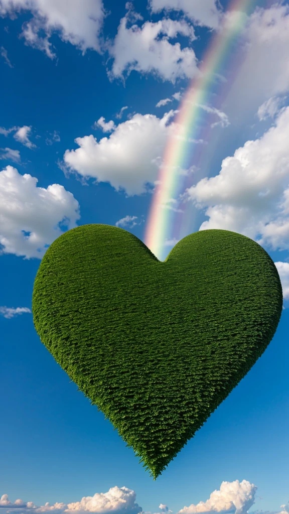 Blue sky and green earth、Heart shaped cloud and rainbow