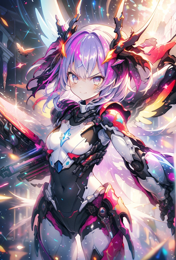 (masterpiece:1.2), best quality, high resolution, extremely detailed CG, absurdres, highres, 1girl, mecha girl, colorful light particles arounded, glitter, glowing wings, (((vivid color))), angry, smile, Colorful portraits, mirrornun