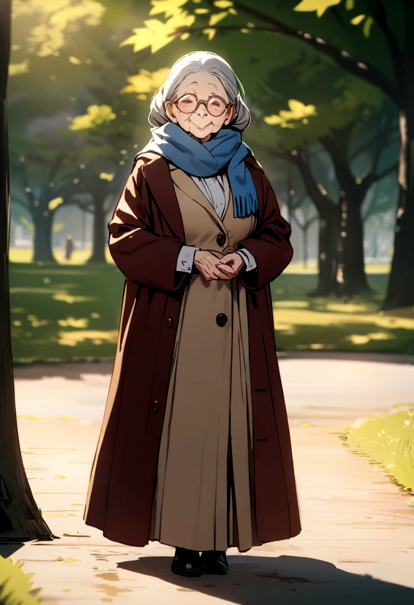 masterpiece, best quality, an old woman with glasses and a scarf, dressed in a wine coat and a blue scarf, standing in the park