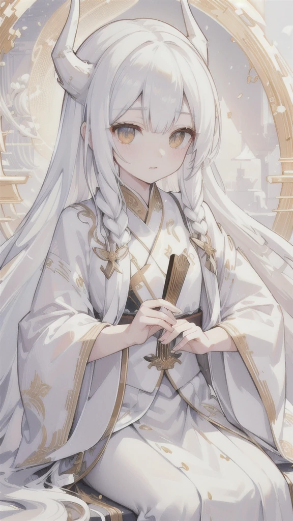 (best quality, highres, ultra-detailed:1.2), beautiful long white hair, stunning golden eyes, silver Hanfu armor, intricately designed white folding fan, white dragon horns, ethereal lighting, soft color palette