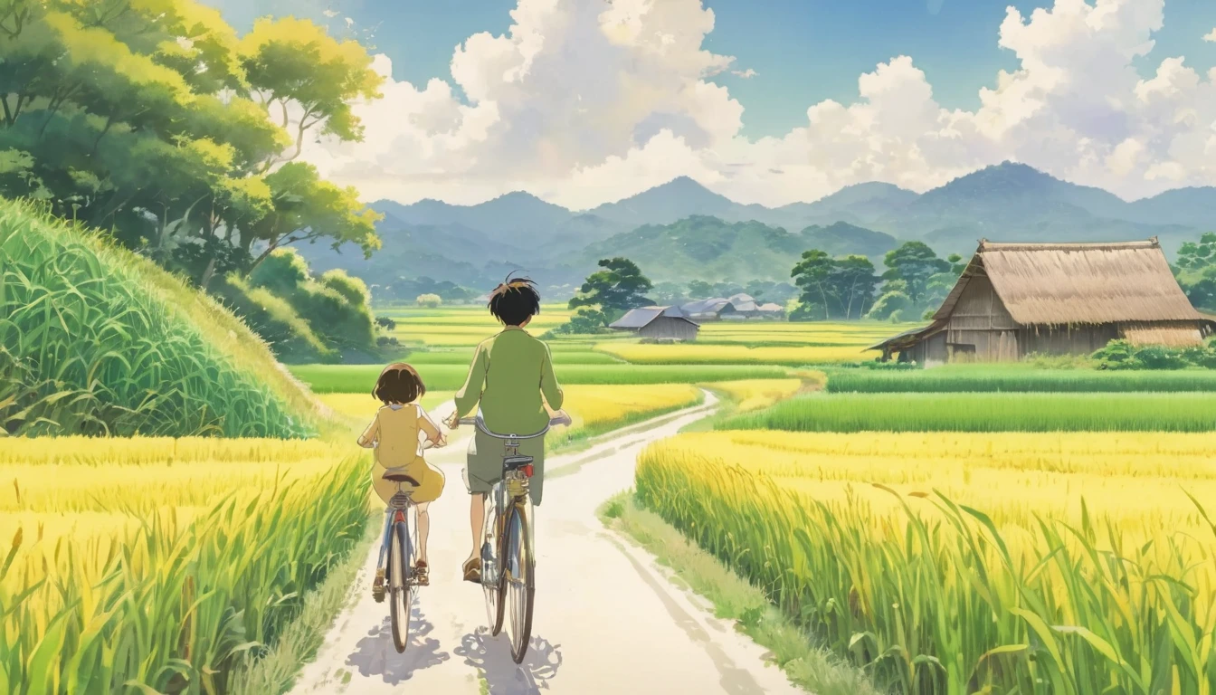 Beautiful illustrations, Endless rice fields, Half yellow、Half Green, Boy Riding a Bicycle, Girl sitting in the back seat,Style: Barnet, Includes 50d movie stills, Rural Scenery, countryside, panoramic,、Real、Paintings by Makoto Shinkai