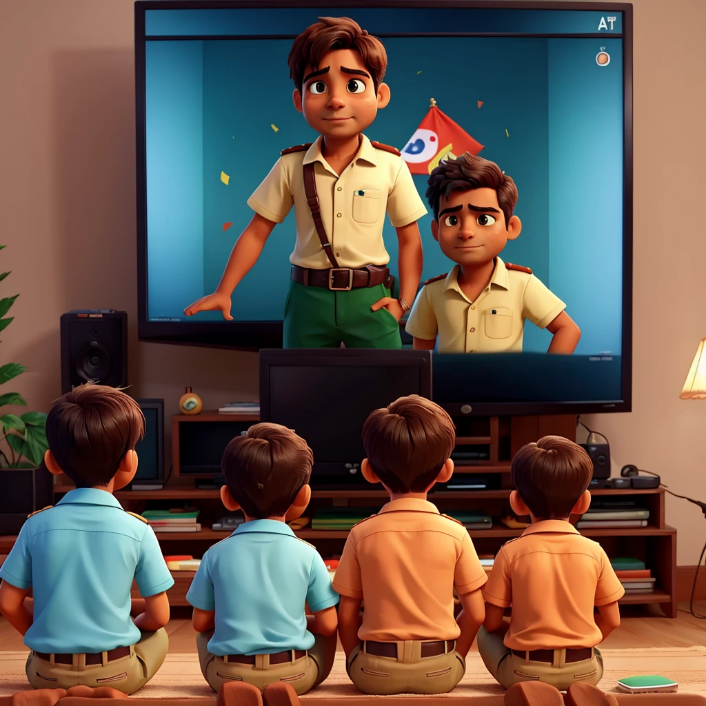 Aap pic of 3 guys which watching TV match in their cheeks have Indian flag drawer and there is a bright up emotions  sitting in front of TV
