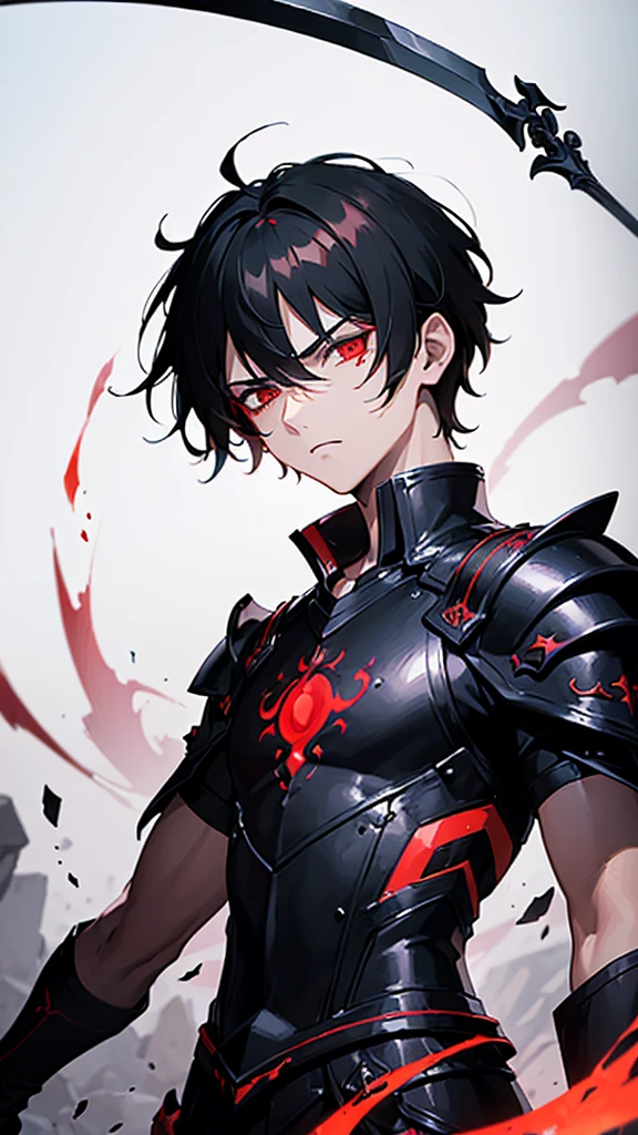 (((masterpiece))),(((best quality))),(((extremely detailed))),illustration,4k, 15-year-old male ager(boy)black hair, bright scarlet eyes, hateful gaze, serious face, dark aura, sword embedded in the ground, black blade with red details, white background, looking at the viewer.