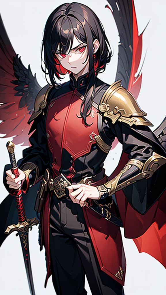 (((masterpiece))),(((best quality))),(((extremely detailed))),illustration,4k, 15-year-old male teenager(boy)black hair, bright scarlet eyes, hateful gaze, serious face, dark aura, sword embedded in the ground, black blade with red details, white background, looking at the viewer.




