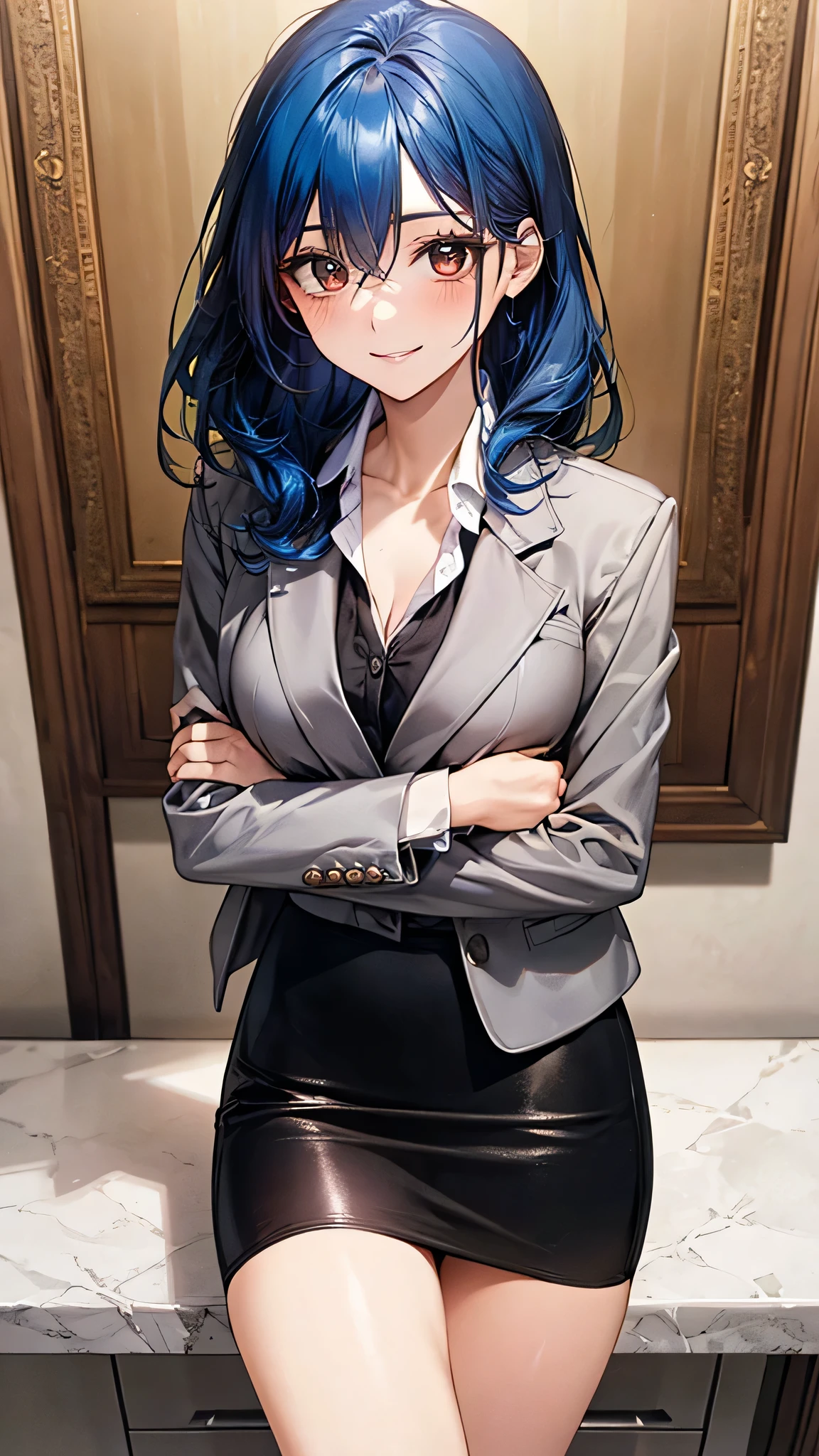 ((Highest quality)), ((High resolution)), ((masterpiece)), (detailed),
View your viewers, Written boundary depth, Anatomically correct, 1Mature woman in person, Perfect Face, Cute and symmetrical face, Shiny skin,
(Medium Hair, Blue Hair), Hair between the eyes, Chestnut brown eyes, Long eyelashes, (Big Breasts:0.9),
Beautiful Hair, Beautiful Face, Beautiful details, Beautiful clavicle, Beautiful body, Beautiful breasts, Beautiful thighs, Beautiful legs,
(Suit jacket, Shiny shirt, Pencil Skirt), (Cute Smile),