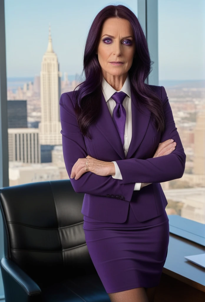 (masterpiece:1.37), best quality, (extremely detailed:1.37), office, window overlooking a bustling cityscape, woman, (mature:1.75), (very long hair:1.25), dark purple hair, purple eyes, (extremely detailed eyes:1.37) shining eyes, breasts, business suit, necktie, (very long pencil skirt:1.5), pantyhose, (wetting herself:1.5), standing, (arms crossed:1.5), (desperation:1.75), dignified, stoic expression, full body, high heels, day, daytime, glow, looking at viewer, perfect composition, Perfect light and shadow, 8K