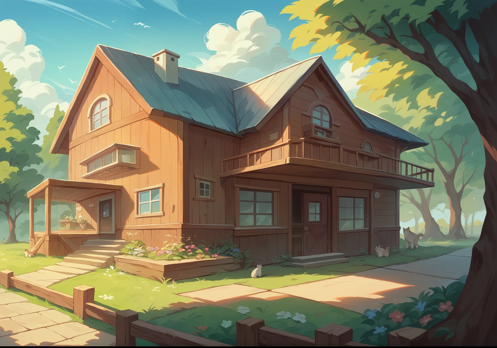 Exterior, windows, glass doors, brown wooden walls, clear blue sky with few clouds. The house next to the stream has many trees and flowers. High quality, should be paved, have pets