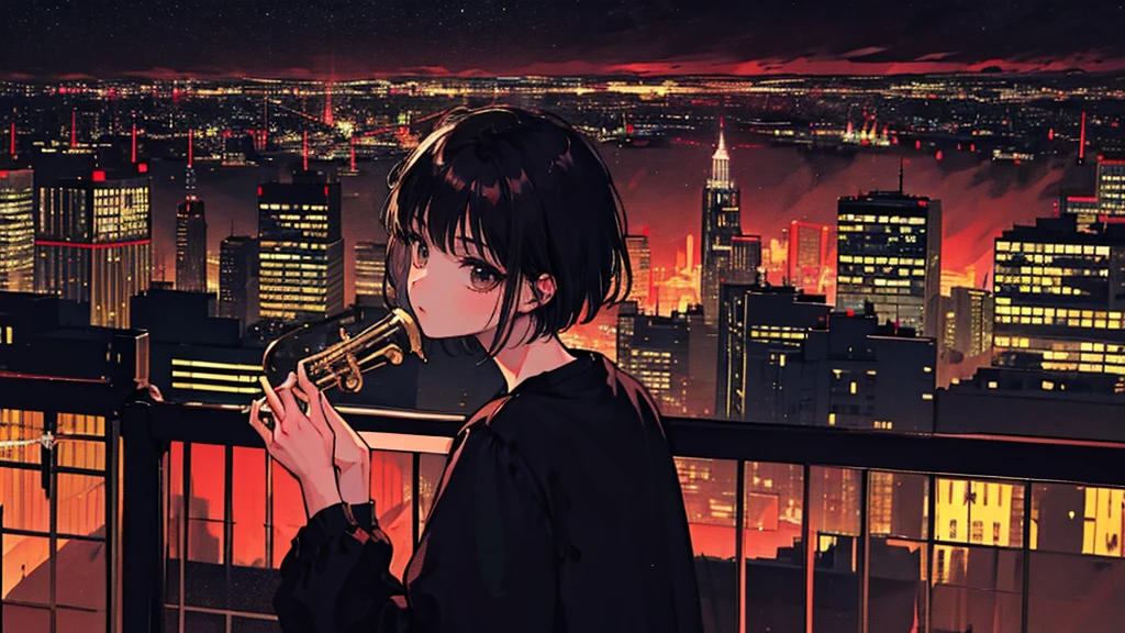 Black short Hair, Black Clothing, One Adult Woman Looking Sideways , City of night, Delicate background、Masterpiece、Night Town、night、dark、Nostalgic、City、musical instrument、Performance