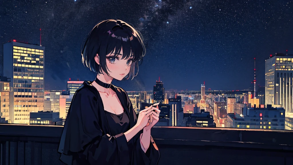 Black short Hair, Black Clothing, One Adult Woman Looking Sideways , City of night, Delicate background、Masterpiece、Night Town、night、dark、Nostalgic、City、musical instrument、Performance