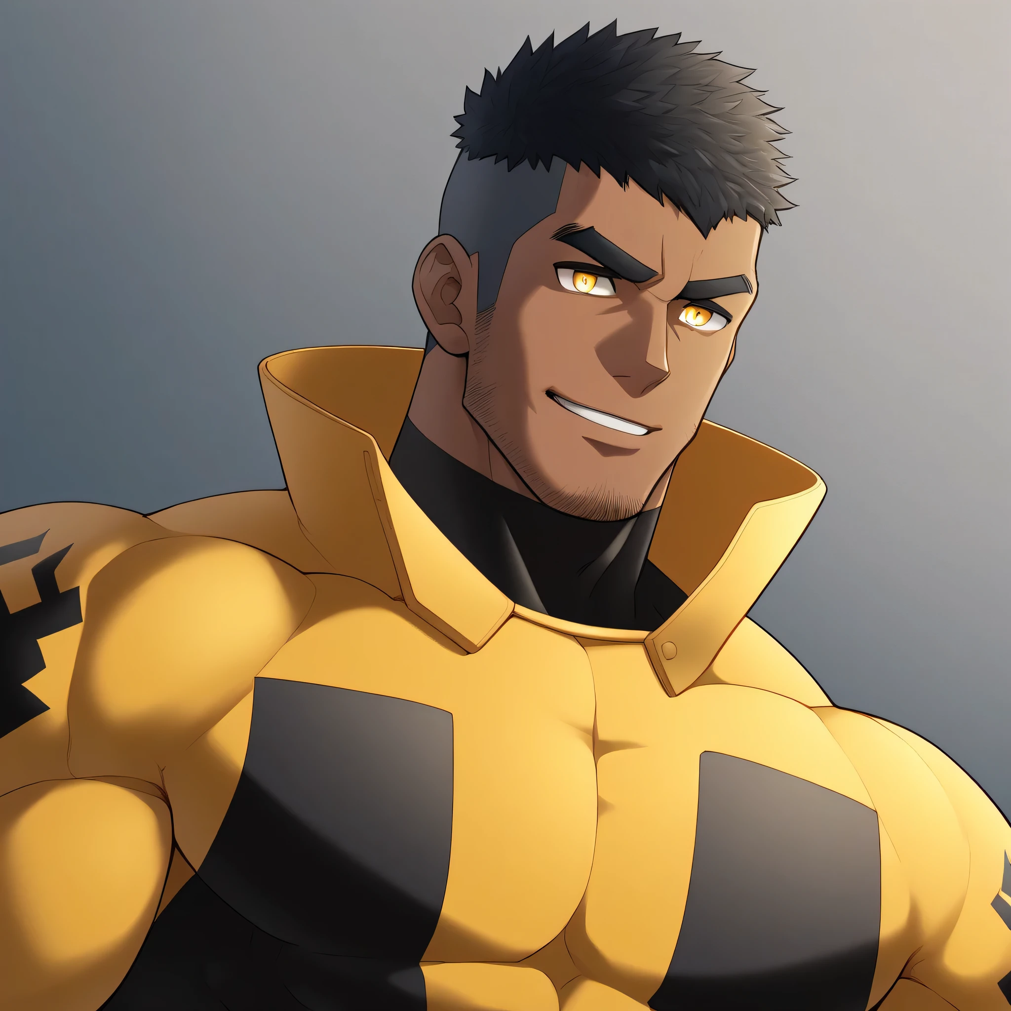 anime characters:Gyee, Muscle Sports Student, negro black skin, 1 dark skin muscular tough guy, Manliness, male focus, Dark yellow high collar long sleeve wetsuit, Matte texture, Very tight, Slightly transparent, muscular male, muscular, only, Upper body, alone, Black short hair, Thick eyebrows, stubble, Yellow eyes, Grey background, simple background, amazing quality, best aesthetics, Ridiculous, bright pupils, crew cut, parted lips, seductive smile, torogao, naughty face, best quality