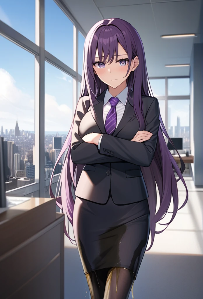 (masterpiece:1.37), best quality, (extremely detailed:1.37), office, window overlooking a bustling cityscape, woman, (mature:1.75), (very long hair:1.25), dark purple hair, purple eyes, (extremely detailed eyes:1.37) shining eyes, breasts, business suit, necktie, (very long pencil skirt:1.5), pantyhose, (wetting herself:1.5), standing, (arms crossed:1.5), (desperation:1.75), dignified, stoic expression, full body, high heels, day, daytime, glow, looking at viewer, perfect composition, Perfect light and shadow, 8K