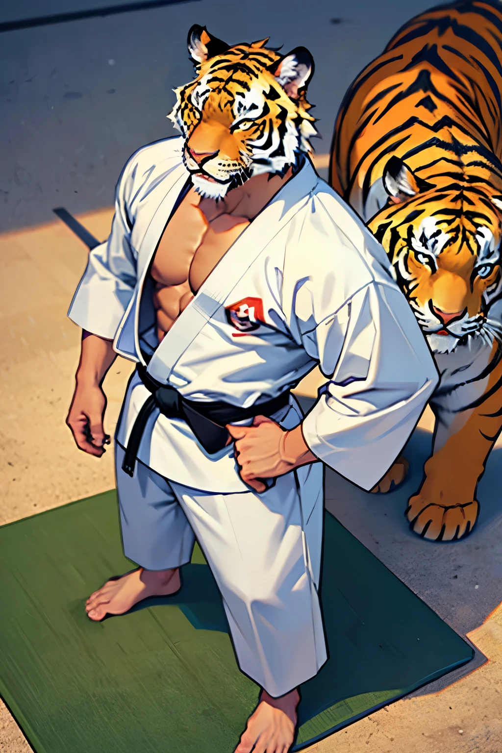 Create a tiger on a mat using a white jiu jitsu kimono with a black belt, With him standing, remove the body of the tiger that is behind 