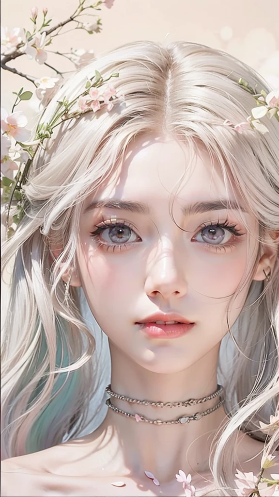 Light pink hair, pink eyes, pink and white, sakura leafs, vivid colors, white dress, paint splash, simple background, ray tracing, wavy hair