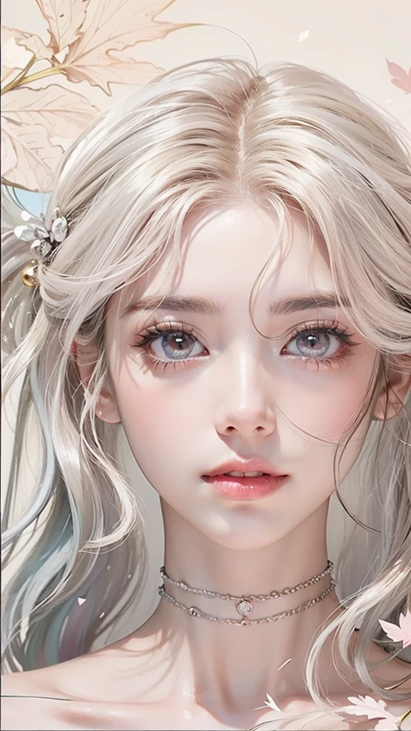 Light pink hair, pink eyes, pink and white, sakura leafs, vivid colors, white dress, paint splash, simple background, ray tracing, wavy hair