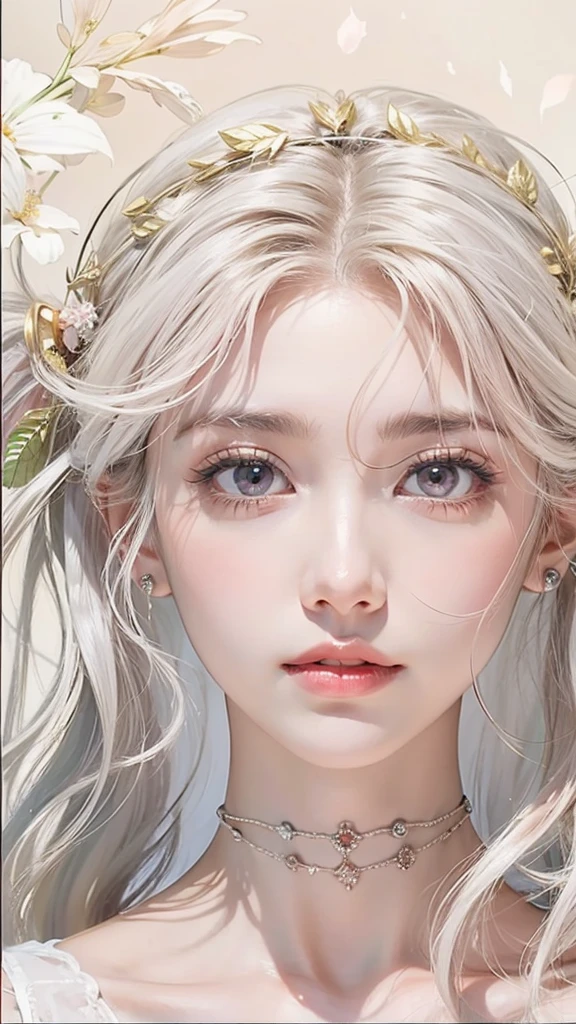 Light pink hair, pink eyes, pink and white, sakura leafs, vivid colors, white dress, paint splash, simple background, ray tracing, wavy hair