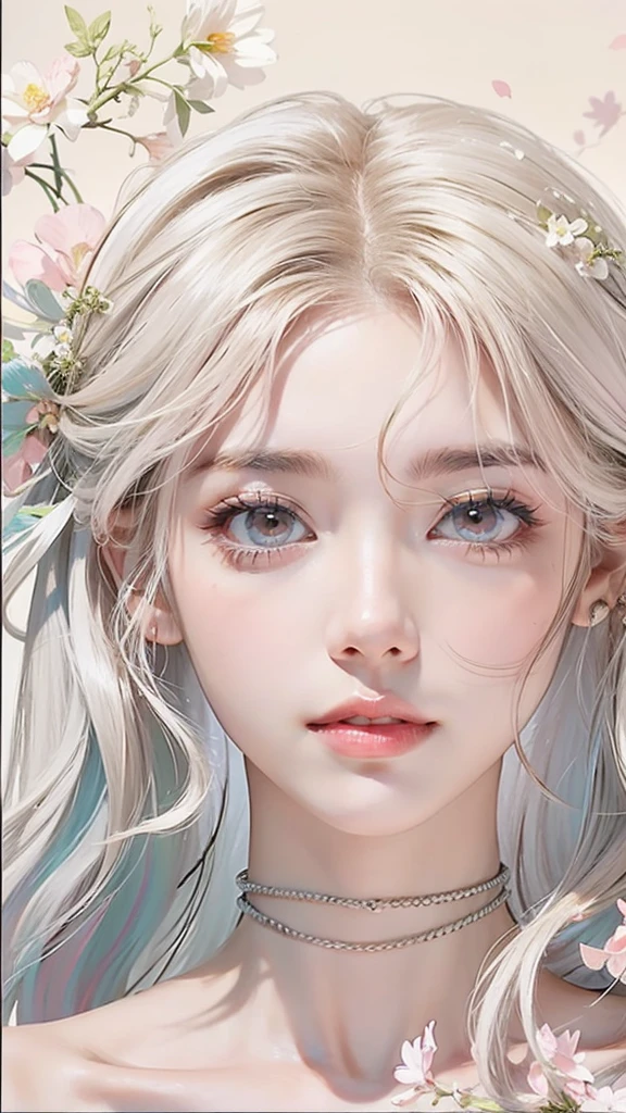 Light pink hair, pink eyes, pink and white, sakura leafs, vivid colors, white dress, paint splash, simple background, ray tracing, wavy hair