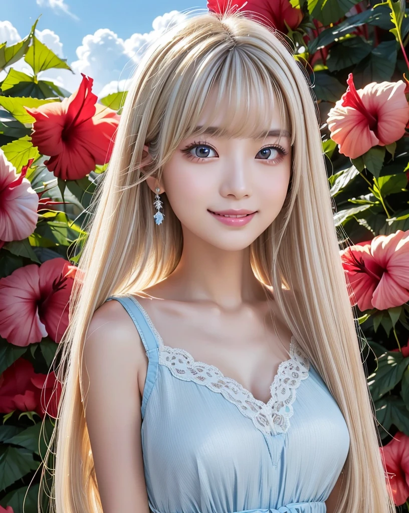 (Highest quality, 32k, High resolution, Masterpiece:1.5, ), marimo_jet, god々A photograph with brilliant dazzling and healing power., Evoking a sense of calm and elusive beauty, Expressing emotions, Have a rich imagination,Beautiful Japanese Girls, An exceptionally beautiful face, ((Full body shot:1.2)), Small Face Beauty, Perfect Human ???????, Magical big eyes, Motherhood and generosity, Deep Love, ((A fleeting smile:1.1)), ((Shiny ash beige hair:1.4)), Super Long Straight Silk Hair, Asymmetrical bangs, Hair between the eyes, Transparent, soft white skin, Sharp eyebrows, Thin lashes, Natural Makeup, Cheek highlighter, Pale pink detailed lips, ((Light blue inner camisole:1.3)), High resolution perfect collarbone, High resolution beautiful bust, Slim figure with ample breasts, High resolutionの美しい太もも, ((Detailed blue sky and clouds in summer:1.2)), ((Beautiful Hibiscus:1.3)), Professional Lighting, Professional photographer, Professional models, God&#39;s Secret