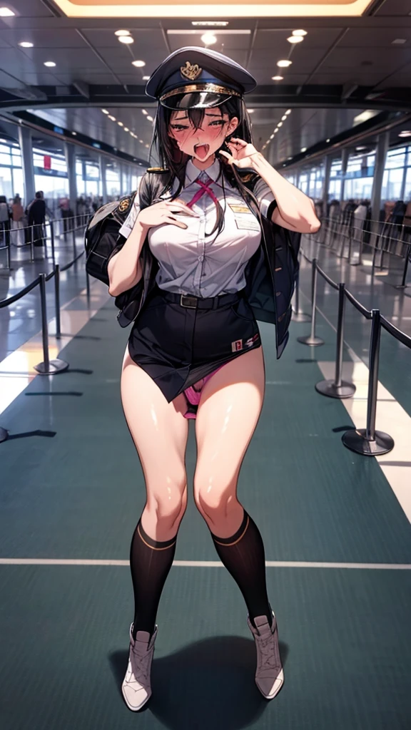 40years old,Ahegao:1.5,orgasm:1.5,double piece,dildo_Under_Cloth,Fullbody,panty drop,A photo of an airport staff member wearing a uniform, standing in a modern airport terminal, with a professional and friendly demeanor.