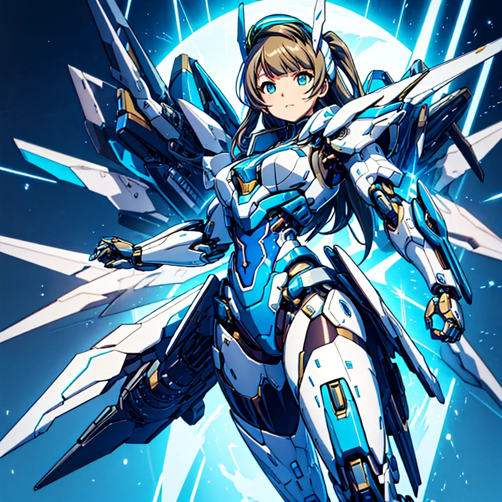 masterpiece, high quality, Cyborgization、Gynoid Cyborg Body、The face is of Minami Kotori.、mechanical parts、Blue and white leotard armor、solo focus、Single image、from front, full body、Mechabare、Precision machinery is exposed all over the body、The armor in the crotch area opens up to reveal the refueling parts.