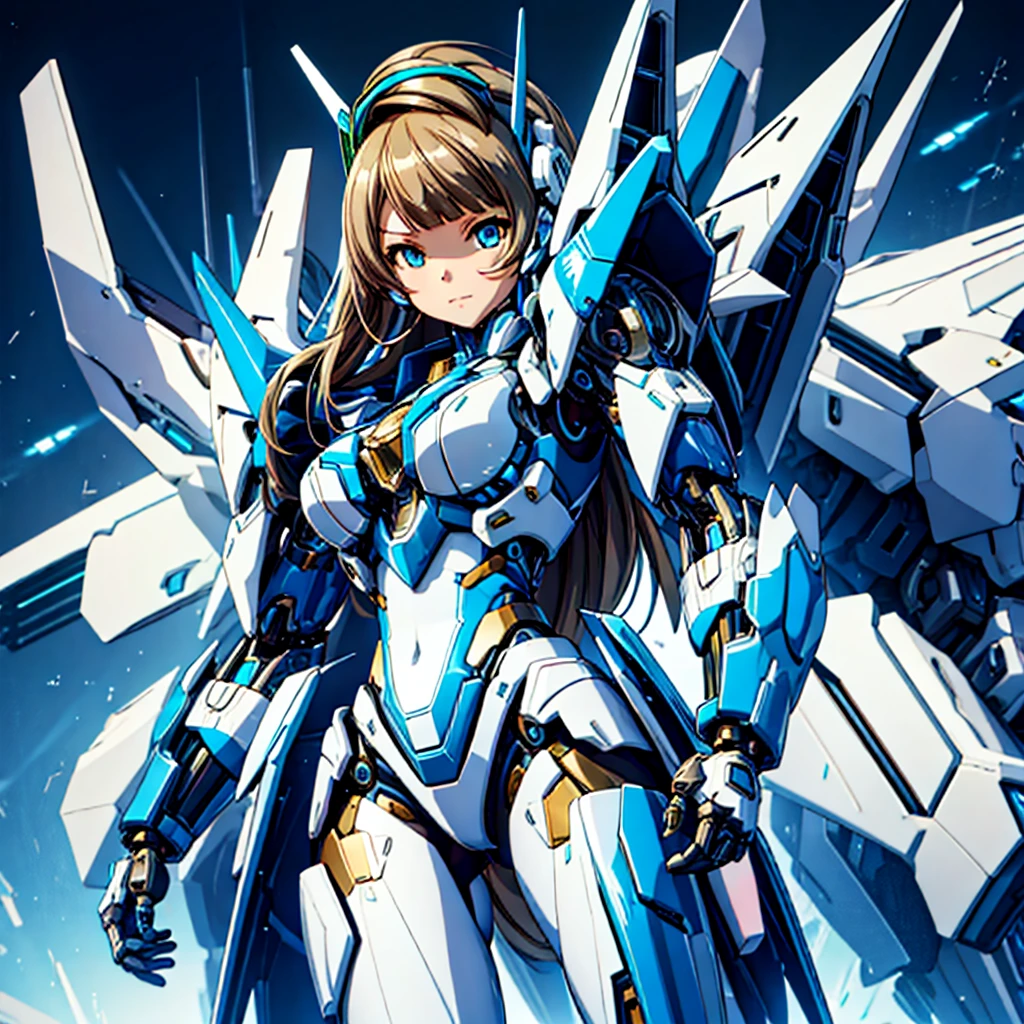 masterpiece, high quality, Cyborgization、Gynoid Cyborg Body、The face is of Minami Kotori.、mechanical parts、Blue and white leotard armor、solo focus、Single image、from front, full body、Mechabare、Precision machinery is exposed all over the body、The armor in the crotch area opens up to reveal the refueling parts.