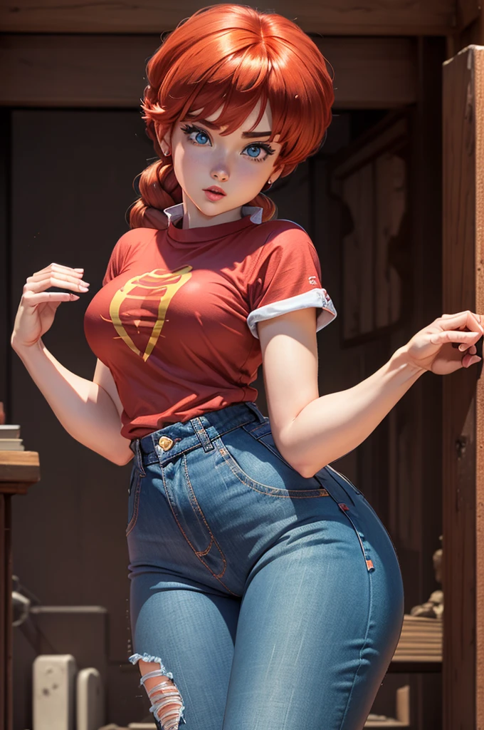 (Ranma)(1solo)(1girl)((Solo)) ((Masterpiece)) ((High Quality)) (slim thick)((Perfect Face)) ((Huge Breasts)) ((Wide Hips)) ((Narrow Waist)) ((Beautiful)) ((Redhead)) ((Long Hair)) ((Light Skin)) ((Cute Nose)) ((BLue Eyes)) ((Young)) ((Transparent Tee Shirt)) ((Jeans))(cameltoe)