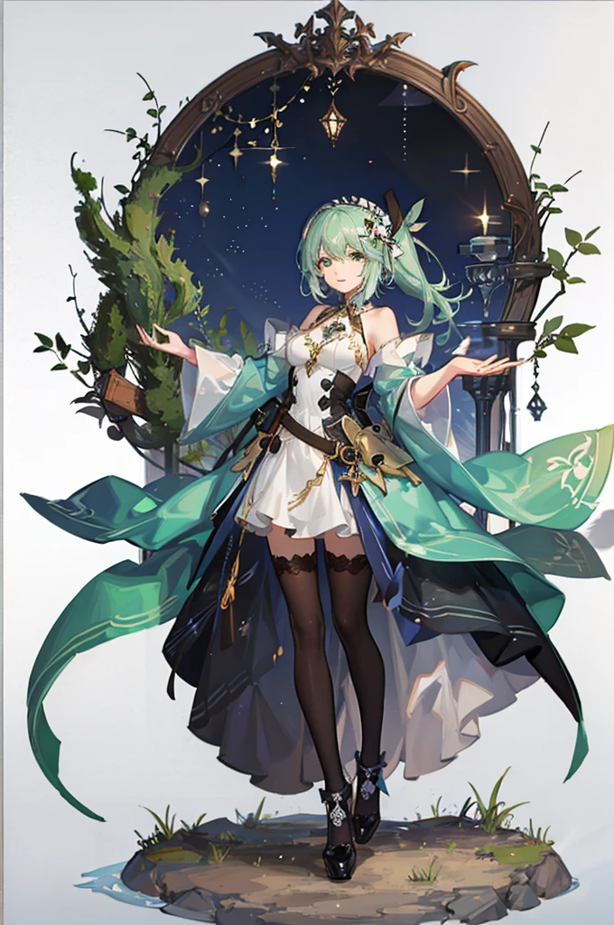 masterpiece,best quality, (white background:1.5) 1girl, far shot, full body, green circle, fairy, fantasy, magic, green leafs, dome,standing, clear face,