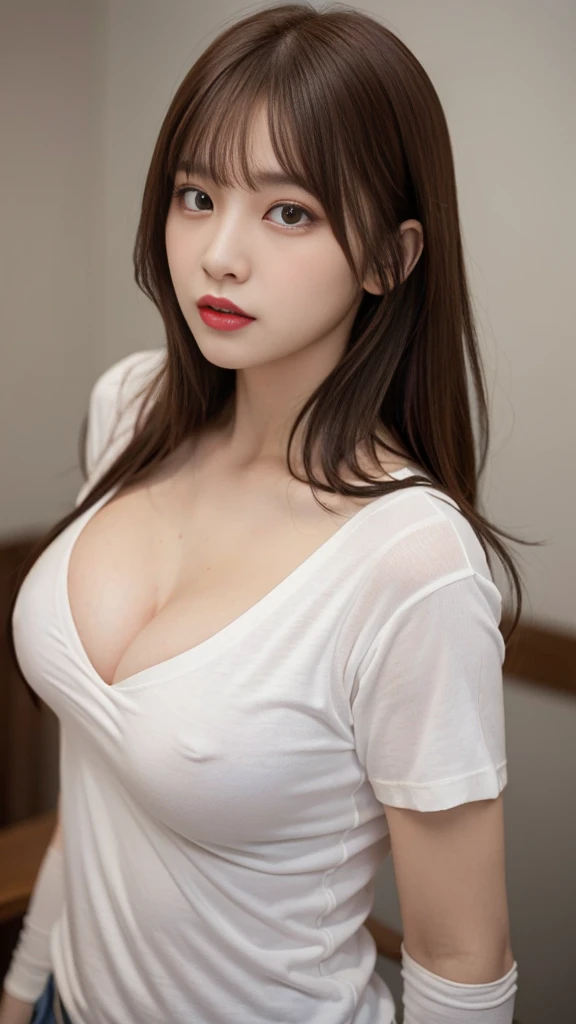 Very detailed, Seductive erotic woman , A shirt that fits snugly against the skin, (Big Breasts, My chest is so big that it tears my shirt, Redhead), Focus on the face, Focus on the face, Complex eyes,