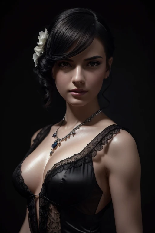 1girl, facing the viewer, Raw photo, real person, a photo of a dieselpunk femme fatale, seductive dark fantasy, Photorealistic, Shiny skin, Detailed skin, porcelain smooth skin, pale skin, Wide Shot, Best Quality, Ultra-detail, high resolution, high resolution,4K, Portrait in 4K,8K,8K Portrait, Unity 8k Wallpaper, extremely details, 8k, fine art, gloomy, dark fantasy. bright, beautiful, splashes, sweet and enchanting, elegant and delicate, edge lighting, lights, extreme, magic, surreal, fantasy, frontal position, necklaces of small black flowers, white lace blouses
