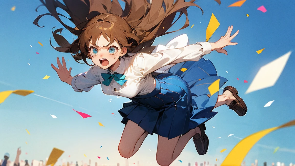 ((Highest quality)), ((masterpiece)), ((Very detailed)),Floatingする女の子,Angry expression，floating，Floating，Confetti，Brown Hair,tears,Levitating,Blue sky background,Feet in the air,tears,gravity,Long skirt,loafers,Raise both hands