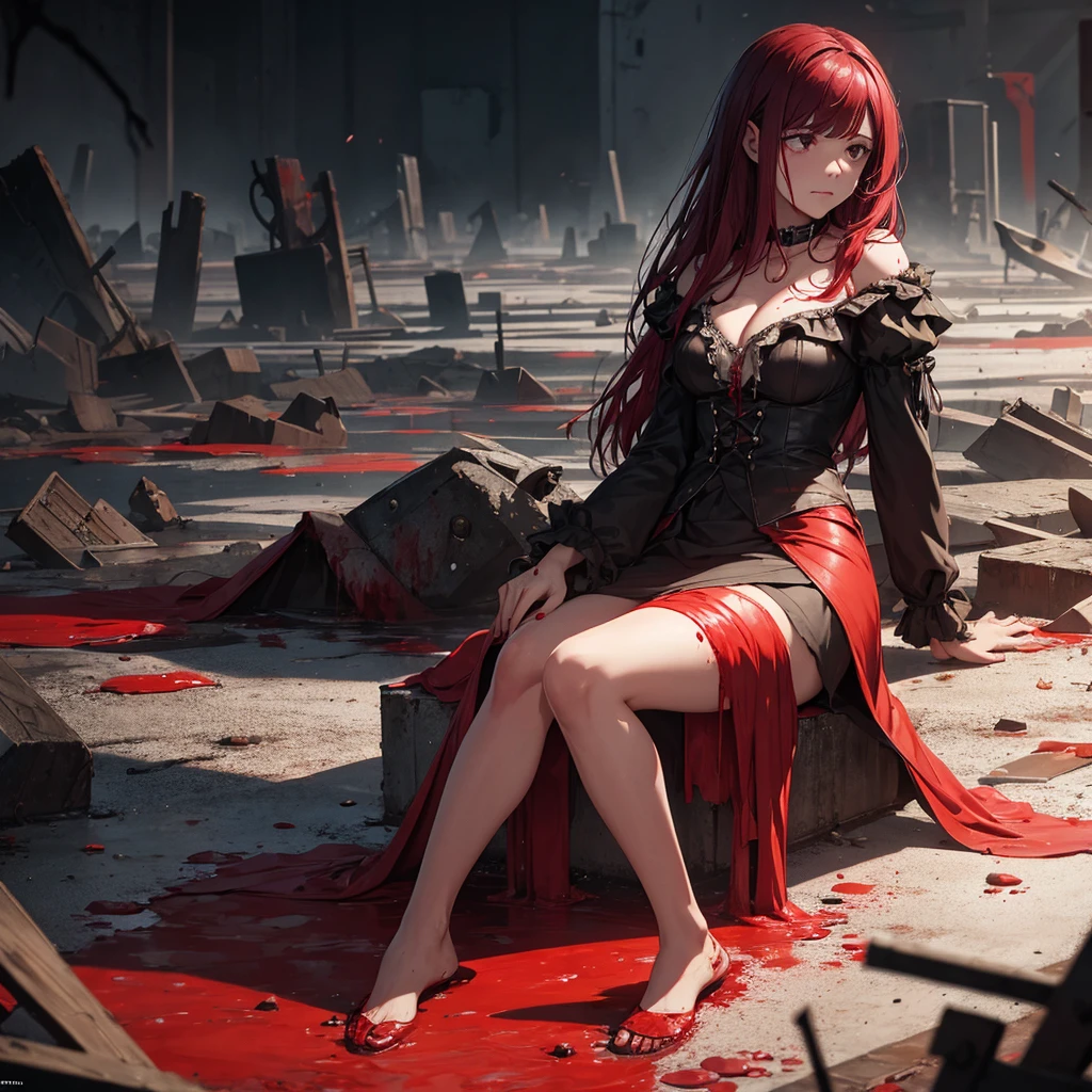 A rotten and sad woman sitting in a sea of blood and dead