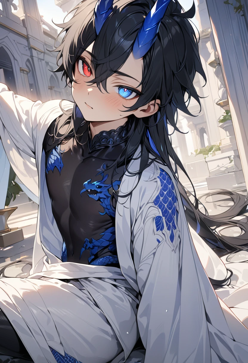 high quality,(best quality,4K,a high resolution,masterpiece:1.2),super detailed,(1 boy),(solo),juvenile,(Male juvenile),handsome and cute boy,black hair, blue dragon horn, Black tbodysuit with blue pattern,（heterochromatic pupils，red eye and blue eye），（（long hair）），single photo,the white temple of light,magnificent palace background,Wearing a white cape behind
