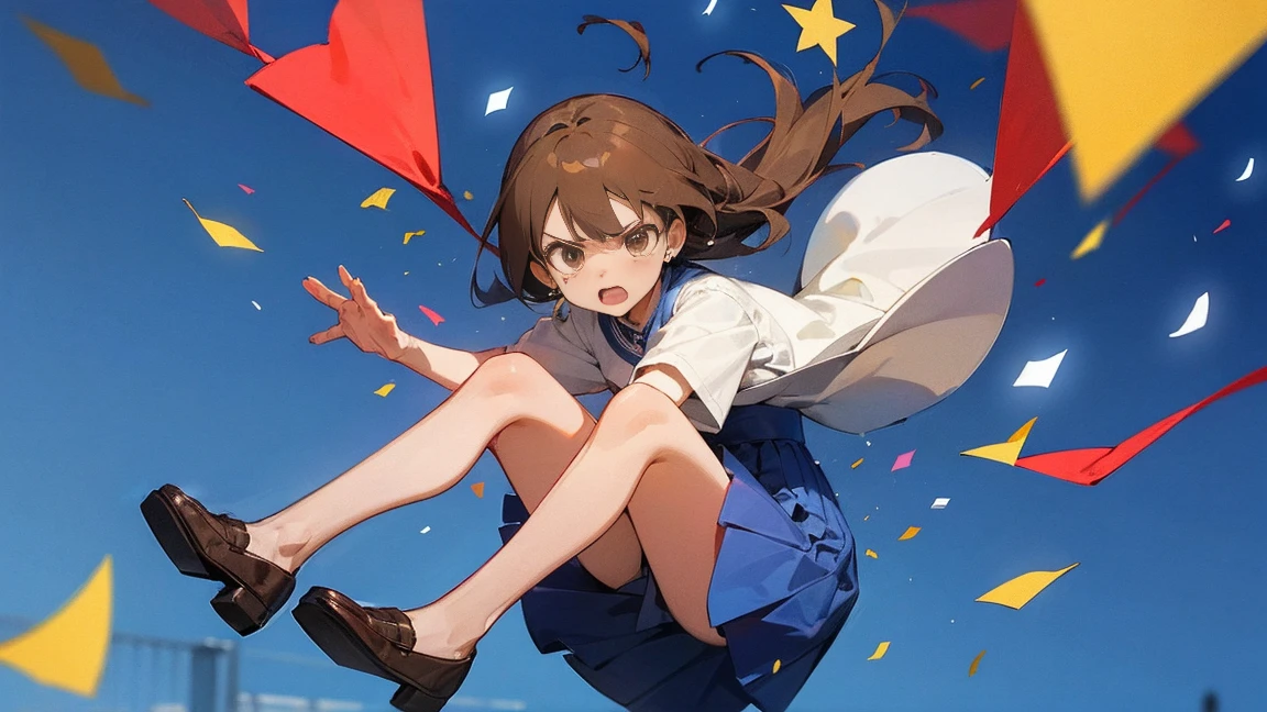 ((Highest quality)), ((masterpiece)), ((Very detailed)),Floatingする女の子,Angry expression,floating,Floating,Confetti,Brown Hair,tears,Levitating,Blue sky background,Feet in the air,tears,gravity,Long skirt,loafers,Raise both hands