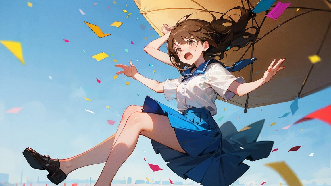 ((Highest quality)), ((masterpiece)), ((Very detailed)),Floatingする***,Angry expression，floating，Floating，Confetti，Brown Hair,tears,Levitating,Blue sky background,Feet in the air,tears,gravity,Long skirt,loafers,Raise both hands