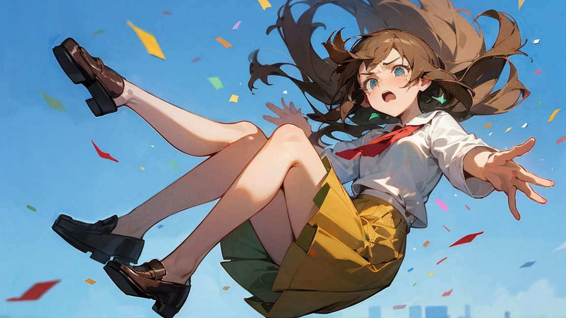 ((Highest quality)), ((masterpiece)), ((Very detailed)),Floatingする女の子,Angry expression,floating,Floating,Confetti,Brown Hair,tears,Levitating,Blue sky background,Feet in the air,tears,gravity,Long skirt,loafers,Raise both hands