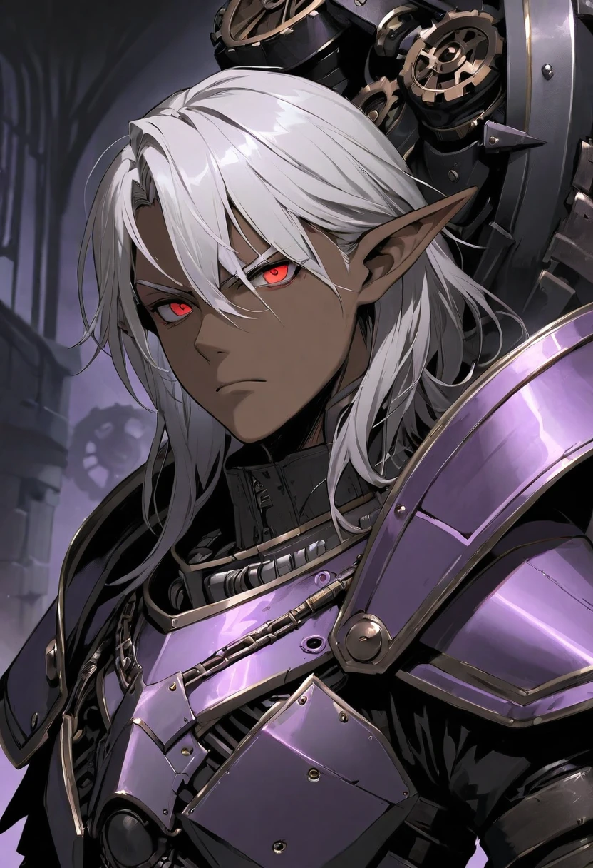 masterpiece, best quality, ultra high res, dark theme, 1boy, (dungeonpunk armor), (mechanical steampunk armor), (wearing armor), fantasy illustration, dark skinned, human, upper body, portrait, red eyes, long white hair, half-drow, pointy ears, serious face, young man, dramatic lighting, purple hue, art by Kinema Citrus
