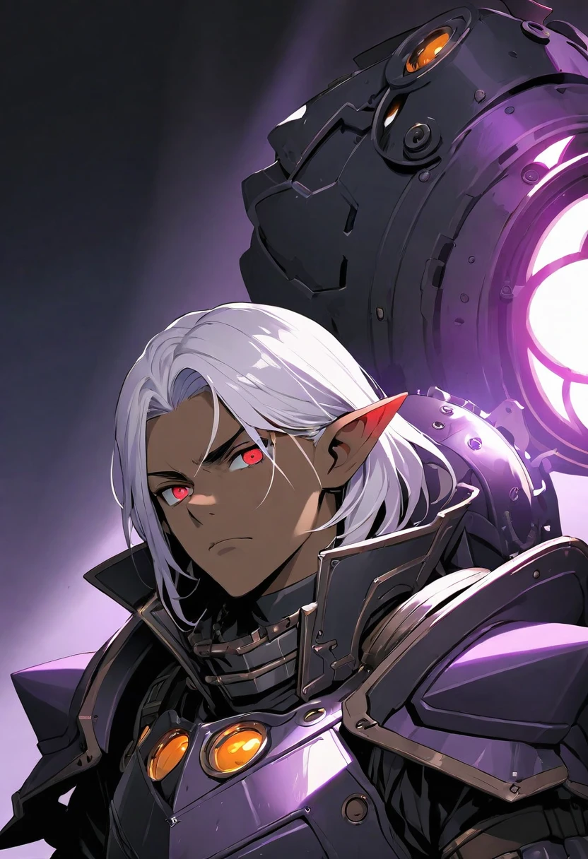 masterpiece, best quality, ultra high res, dark theme, 1boy, (dungeonpunk armor), (mechanical steampunk armor), (wearing armor), fantasy illustration, dark skinned, human, upper body, portrait, red eyes, long white hair, half-drow, pointy ears, serious face, young man, dramatic lighting, purple hue, art by Kinema Citrus